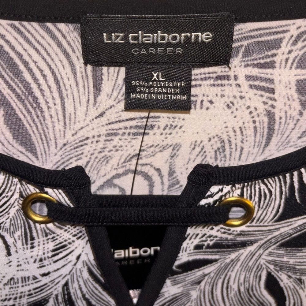 Liz Claiborne Long Sleeve Feather Print Blouse Top Black White NWT Size XL - Picture 5 of 7